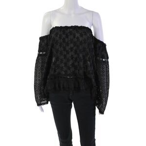Sunday Tropez Womens Off Shoulder Long Sleeve Embroidered Top Black One Size